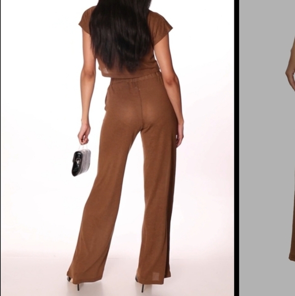 Daisy Pants & Crop Top Set. Brushed Knit High Waist Wide Leg Pants. Color Mocha. - Picture 2 of 14
